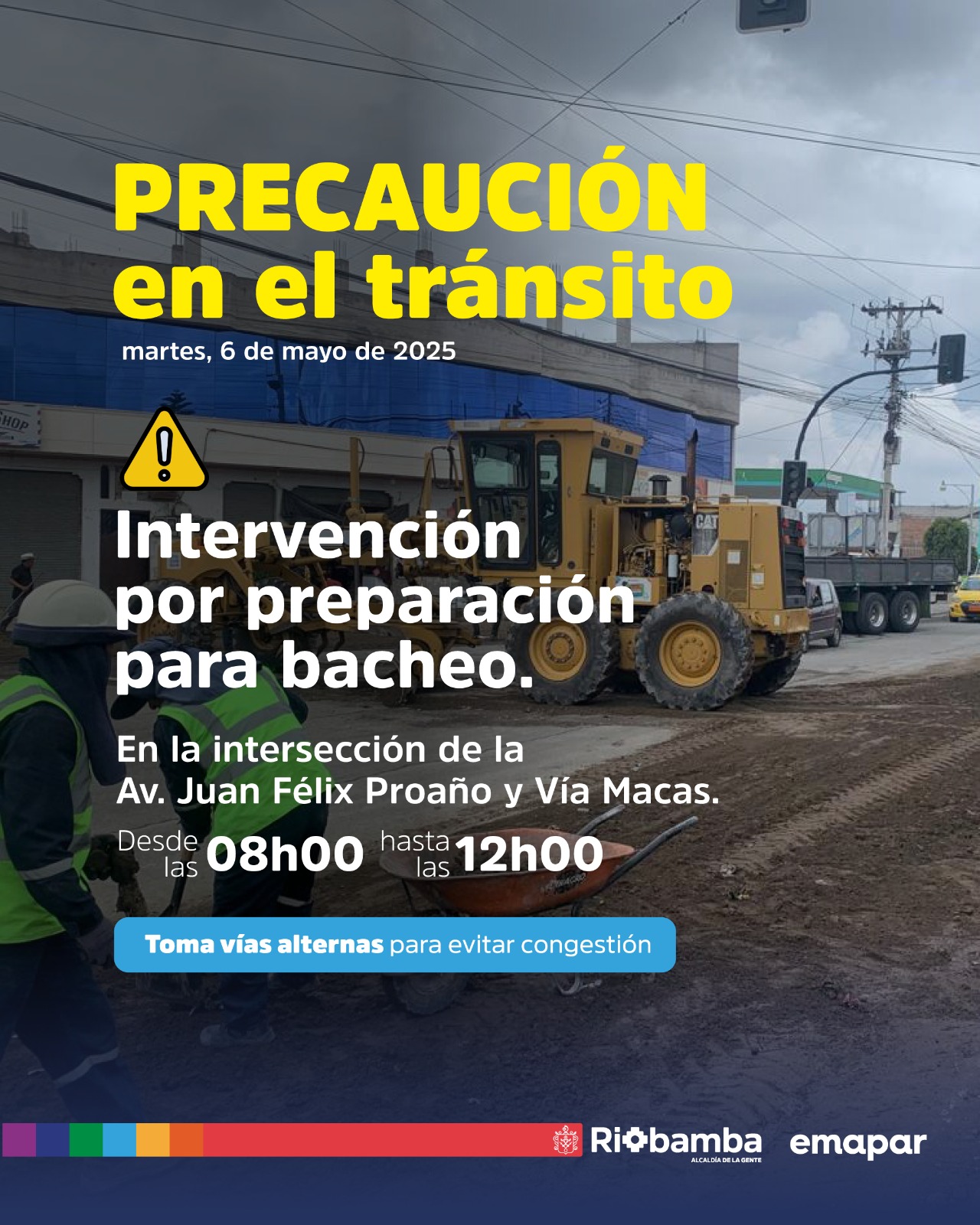 Precaución en el tránsito por intervención vial en Riobamba